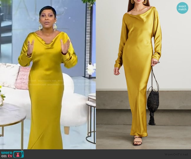 Norma Kamali Maria draped satin gown worn by Tamron Hall on Tamron Hall Show