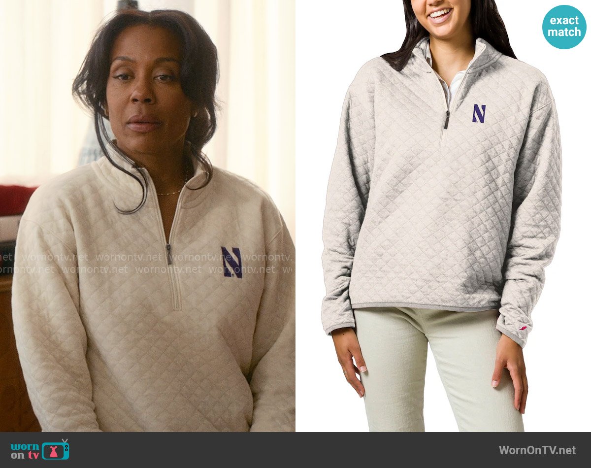 Northwestern League Collegiate Wear Cream Northwestern Wildcats Highland Quilted Quarter-Zip Pullover Top worn by Dawn Edwards (Karen Pittman) on Forever