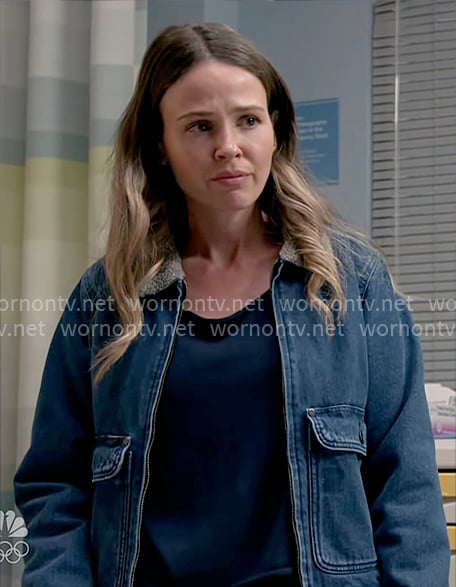 Novak's denim jacket with sherpa collar on Chicago Fire