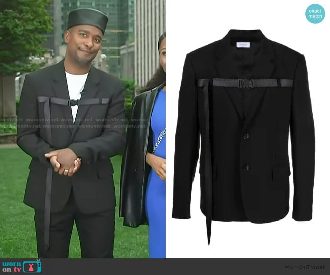 Off-White Buckled single-breasted blazer worn by Scott Evans on Access Hollywood