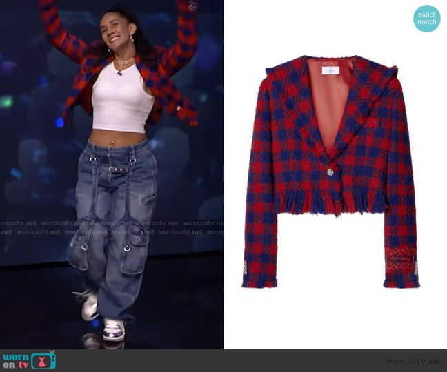 Off-White Check Patterened Cropped Jacket worn by Amanda Serrano on Live with Kelly and Mark