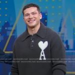 Oliver Stark’s grey logo print polo sweater on Good Morning America