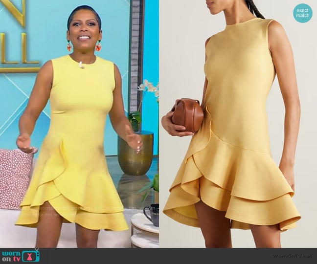 Tamron’s yellow ruffle mini dress on Tamron Hall Show