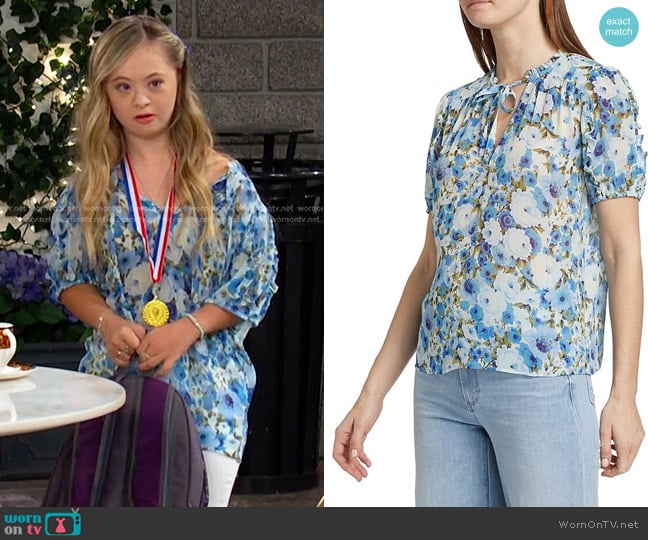Paige Dandelion Silk Chiffon Blouse in French Blue Multi worn by Felicity Greene (Kennedy Garcia) on Days of our Lives