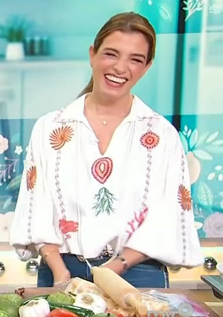 Pati Jinich’s white embroidered top on Sherri