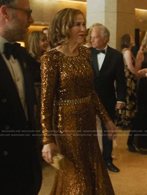 Patty's gold sequin gown on The Studio