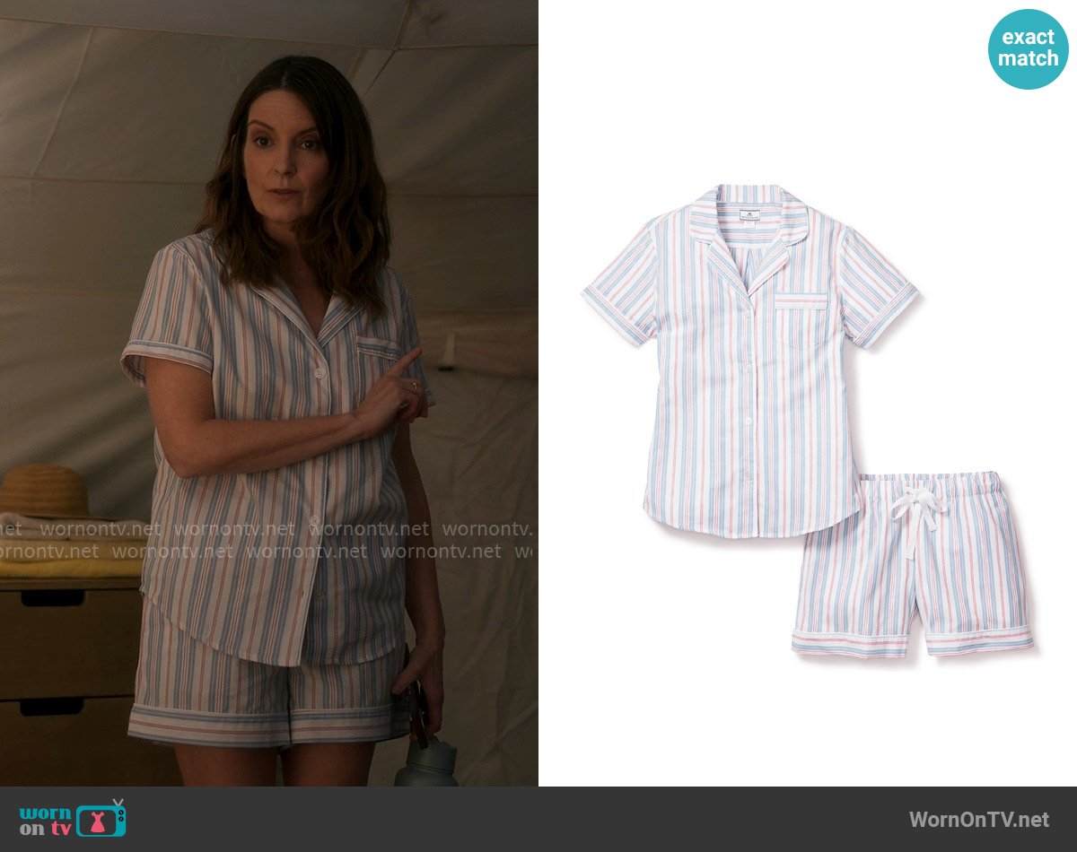 Petite Plume Twill Short Sleeve Short Set in Vintage French Stripes worn by Kate (Tina Fey) on The Four Seasons