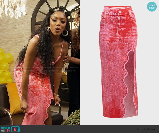 Ph5 Lily Denim-Print Asymmetric Midi Skirt worn by Porsha Williams on The Real Housewives of Atlanta