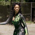 Porsha’s black and green printed jumpsuit on The Real Housewives of Atlanta