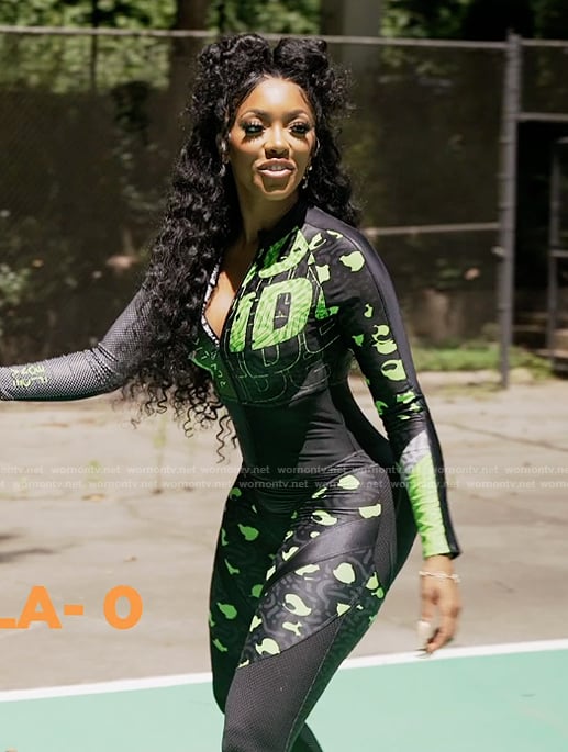 Porsha's black and green printed jumpsuit on The Real Housewives of Atlanta