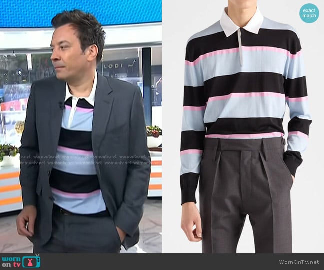 Prada Cotton-Silk Striped Polo Shirt in Black worn by Jimmy Fallon on Today