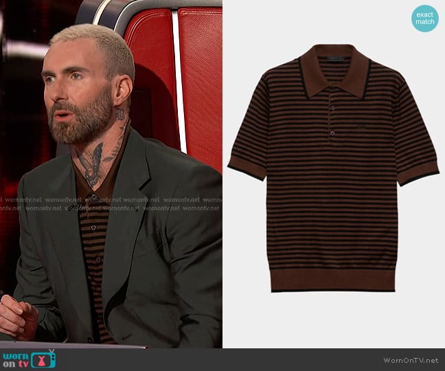 Prada Striped Cotton Short-Sleeve Polo Shirt in Brown worn by Adam Levine on The Voice
