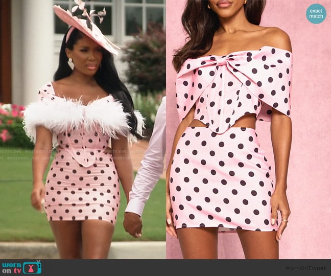 Pretty Little Thing Pink Polka Dot Bow Detail Top worn by Brit Eady on The Real Housewives of Atlanta