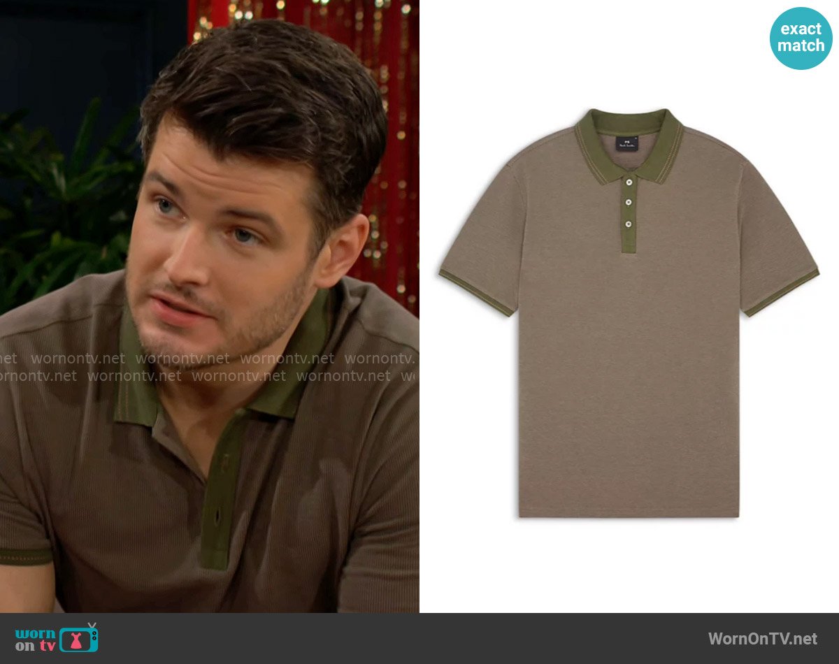 PS Paul Smith Khaki Micro Jacquard Organic Cotton Polo Shirt worn by Kyle Abbott (Michael Mealor) on The Young and the Restless
