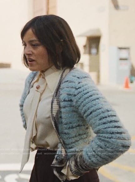 Quinn’s blue marled cardigan on The Studio