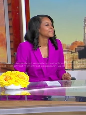 Rachel’s purple dress and tie waist blazer on Good Morning America