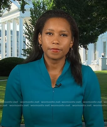 Rachel's teal stand collar dress on Good Morning America
