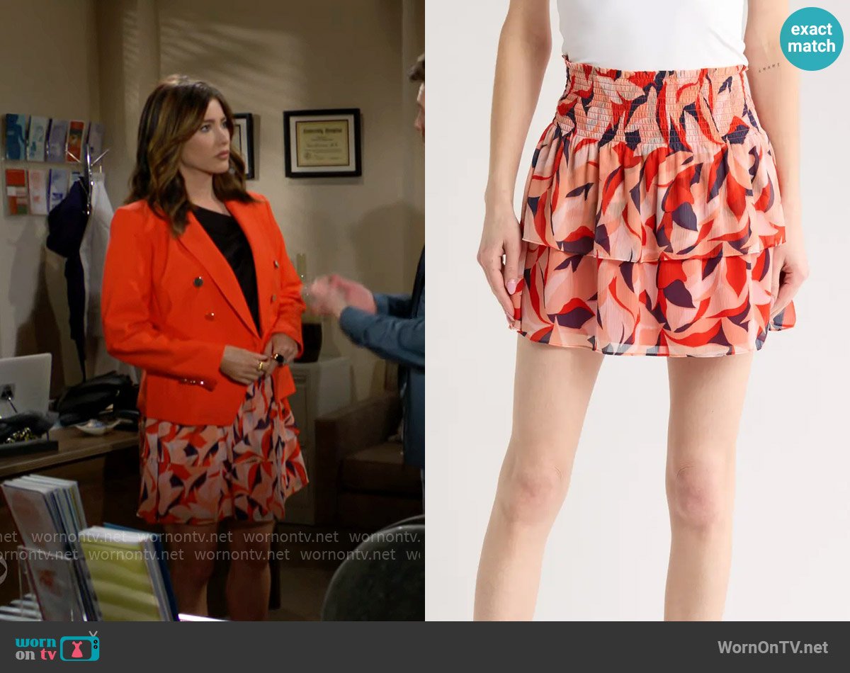Ramy Brook Ryanne Tiered Skirt in Flame Orange Combo worn by Steffy Forrester (Jacqueline MacInnes Wood) on The Bold and the Beautiful