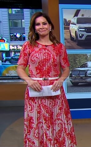 Rebecca’s red paisley ribbed top and skirt on Good Morning America
