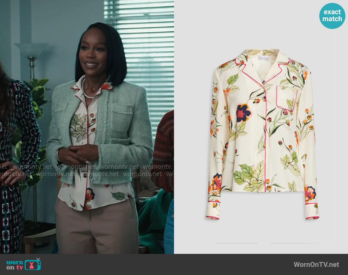 RED Valentino Floral-print silk-crepe shirt worn by Catherine (Aja Naomi King) on Grosse Pointe Garden Society