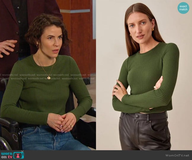 Reformation Jackie Top in fern worn by Sarah Horton (Linsey Godfrey) on Days of our Lives