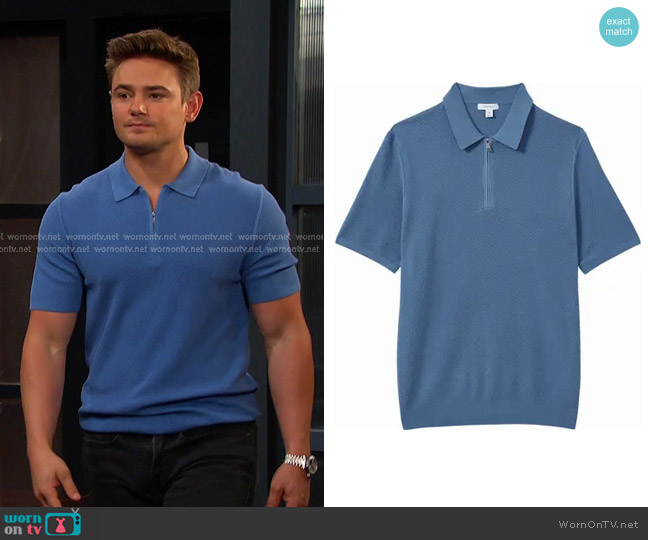 Reiss Ivor Textured Half Zip Polo Sweaterb in Blue worn by Johnny DiMera (Carson Boatman) on Days of our Lives