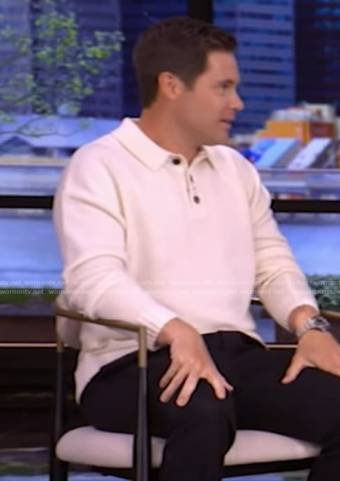 Adam Devine’s white polo sweater on Live with Kelly and Mark