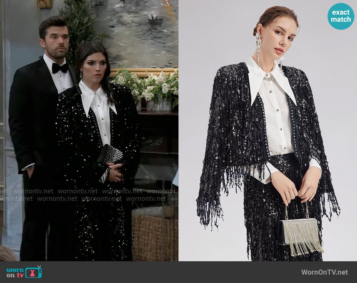 Rich Radi Qs Sequined Beaded Fringe Cropped Jacket worn by Brook Lynn Quartermaine (Amanda Setton) on General Hospital