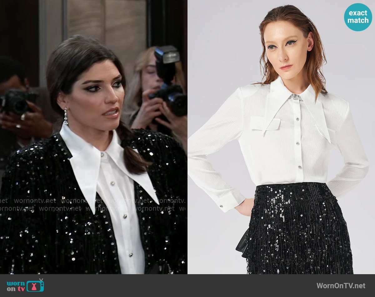 Rich Radi Qs Thousand-folded Pointed Collar Shirt worn by Brook Lynn Quartermaine (Amanda Setton) on General Hospital