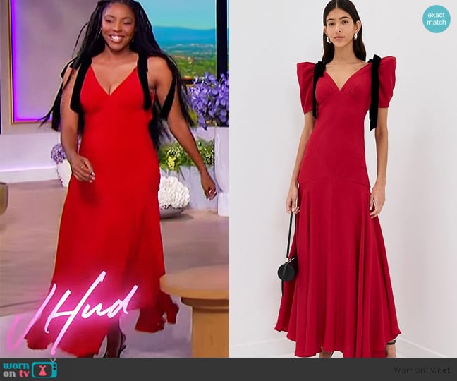Rodarte Red Short Sleeve Silk Crepe Bias Dress With Black Velvet Bows worn by Jessica Renee Williams on The Jennifer Hudson Show