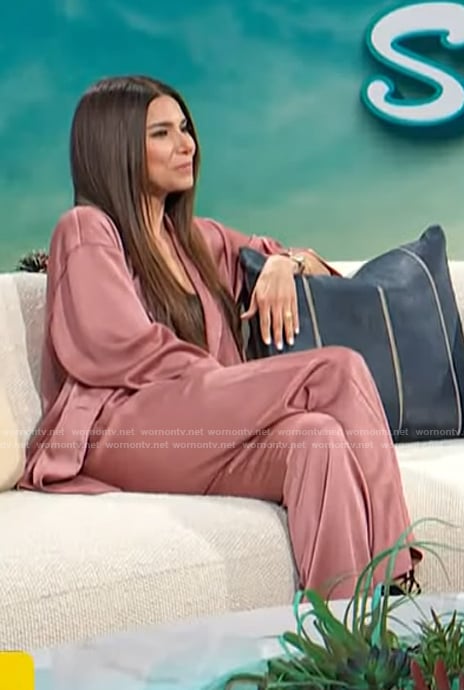 Roselyn Sanchez’s pink satin blazer and pants on Access Hollywood