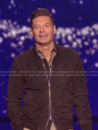 Ryan Seacrest's brown suede bomber jacket on American Idol