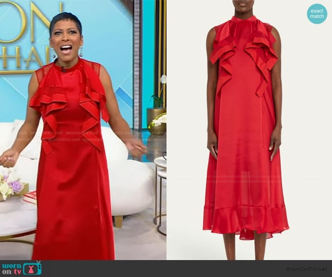 Sacai Ruffle Front Satin Maxi Dress worn by Tamron Hall on Tamron Hall Show
