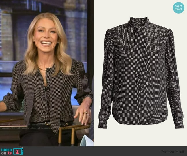 Saint Laurent Polka Dot Tie-Neck Button Down Silk Blouse worn by Kelly Ripa on Live with Kelly and Mark