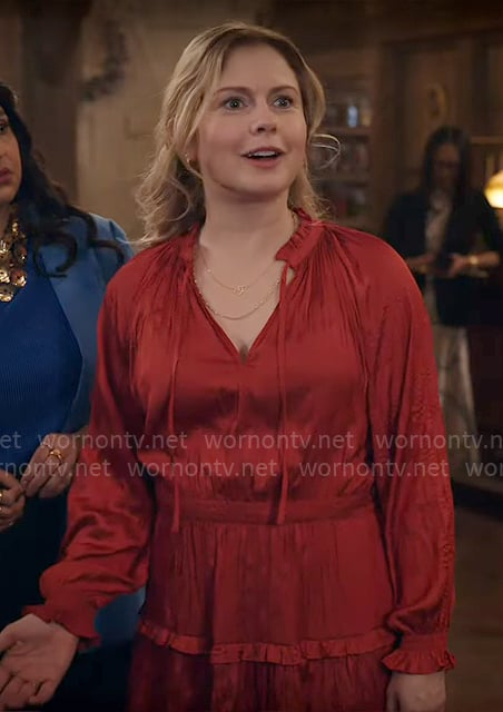 Sam's red satin book party dress on Ghosts