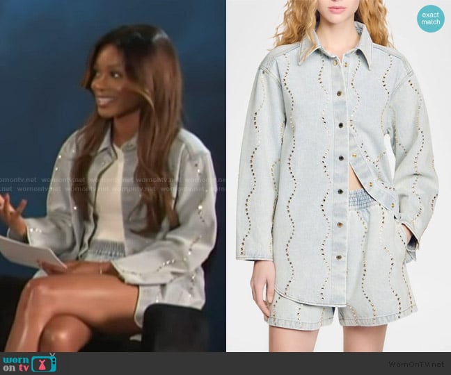 Sandro Denim Shirt with Rhinestones worn by Zuri Hall on Access Hollywood