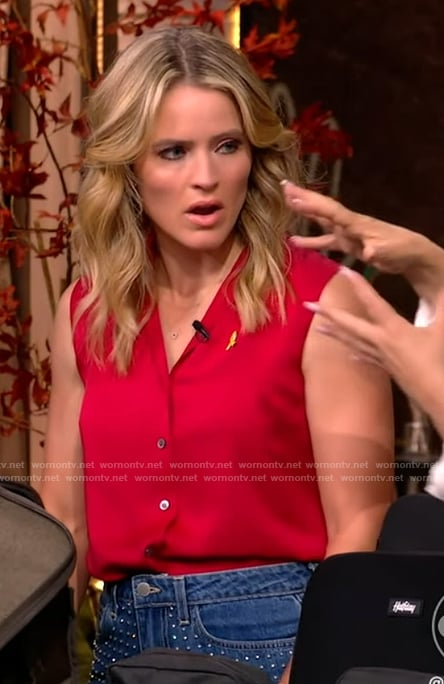 Sara’s red sleeveless top and embellished jeans on The View