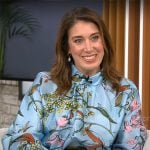 Sarah Gelman’s blue floral blouse and green trousers on CBS Mornings