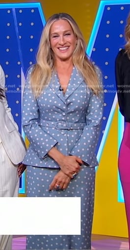 Sarah Jessica Parker’s blue polka dot blazer and skirt on Good Morning America