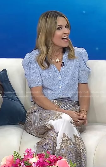 Savannah’s blue floral blouse and print pants on Today
