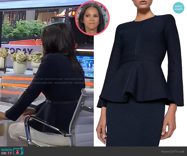 Scanlan Theodore Crepe Knit Ruffle Jacket in Navy worn by Laura Jarrett on Today