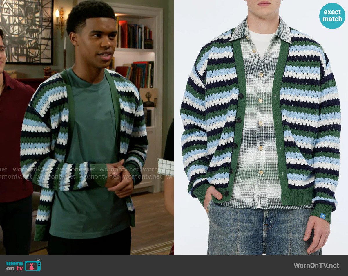 Scotch & Soda Stripe Open Stitch Cardigan in Sage Green Multi Stripe worn by Tyrell Richardson (Jaden Lucas Miller) on Beyond the Gates