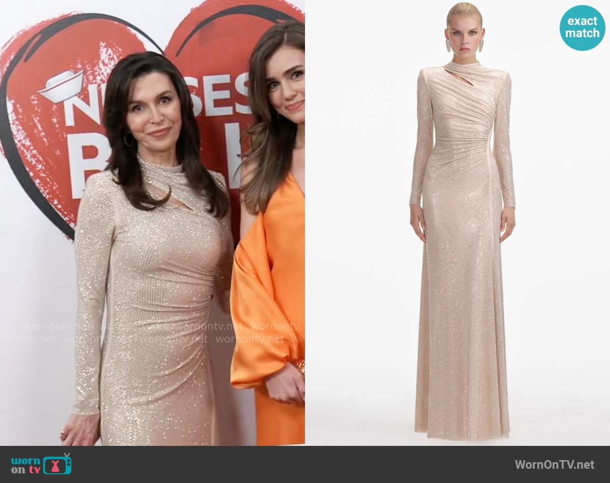 Self Portrait Gold Rhinestone Mesh Cut Out Maxi Dress worn by Anna Devane (Finola Hughes) on General Hospital