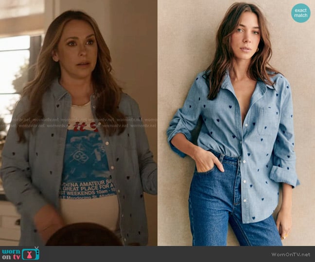Sezane Tomboy Shirt in Chambray with embroidered navy hearts worn by Maddie Kendall (Jennifer Love Hewitt) on 9-1-1
