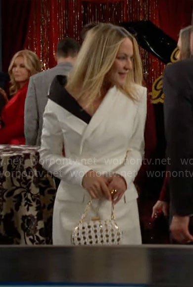 Sharon's white asymmetric blazer dress on The Young and the Restless