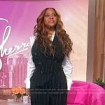 Sherri’s black pinstripe double breasted jumpsuit on Sherri