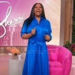 Sherri’s blue satin polka dot shirtdress on Sherri