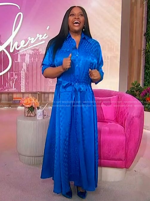Sherri's blue satin polka dot shirtdress on Sherri