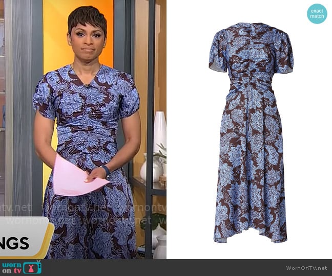 Shoshanna Anita Floral Ruched Midi-Dress worn by Jericka Duncan on CBS Mornings