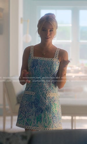 Simone’s blue print mini dress on Sirens